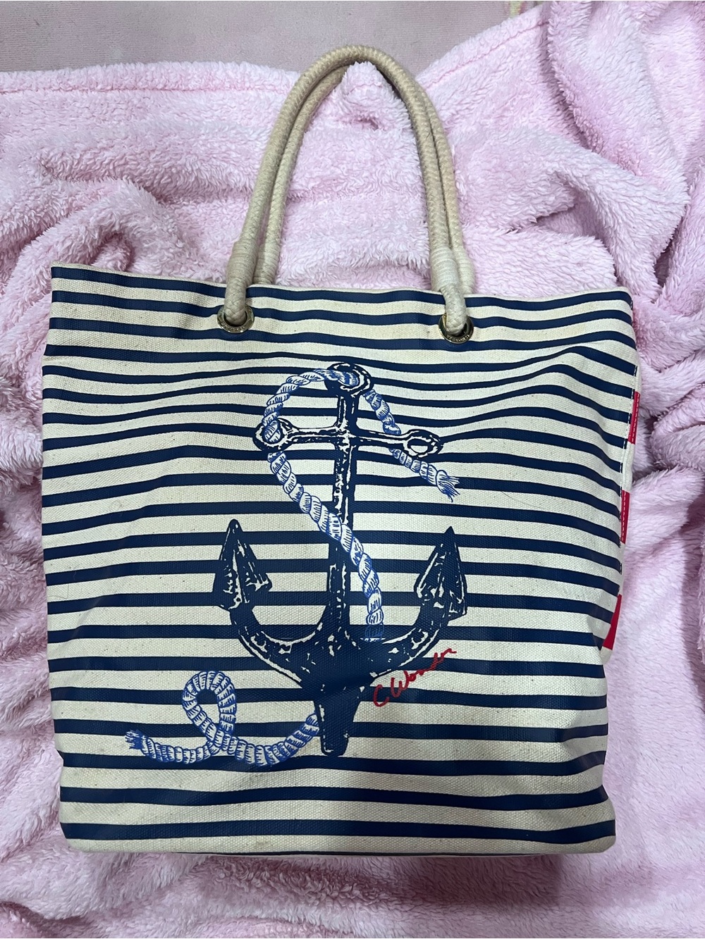 C. Wonder Navy & Cream Stripe Anchor Tote
